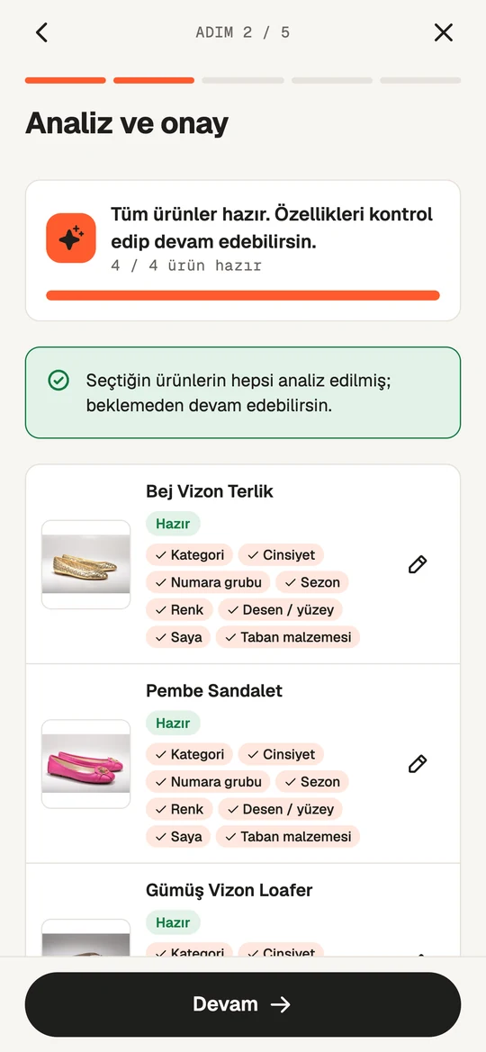 Katalog sihirbazı 2. adım: yapay zekâ analizi tamamlanmış ürünler