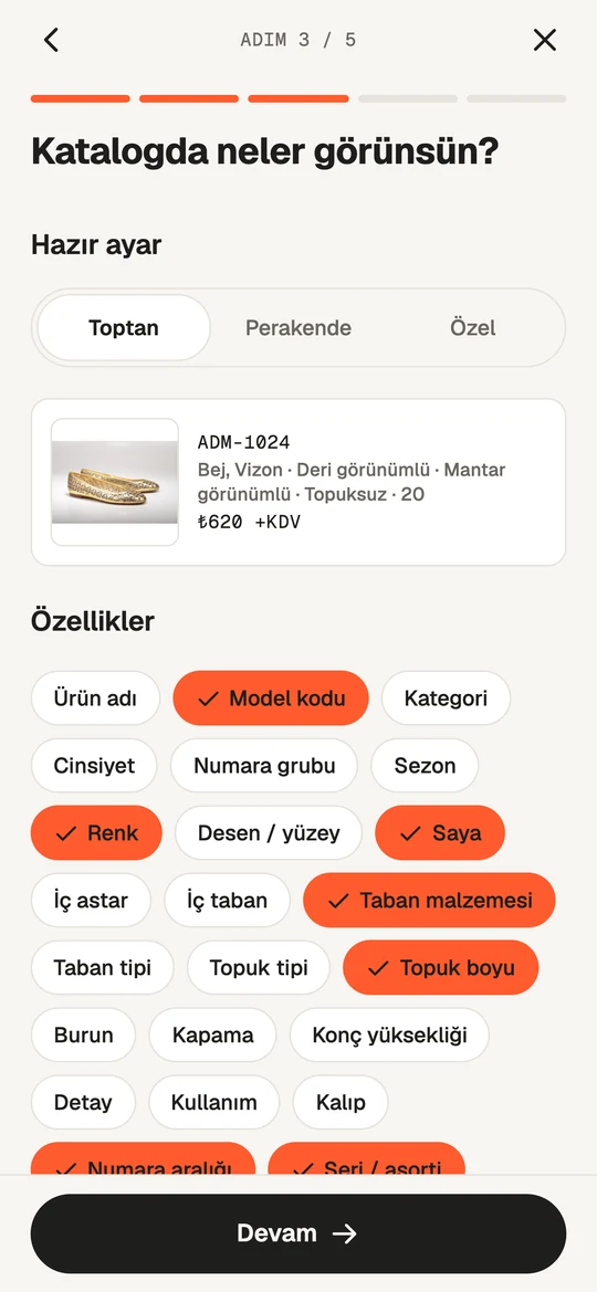 Katalog sihirbazı 3. adım: Toptan, Perakende, Özel hazır ayarları ve özellik seçimi