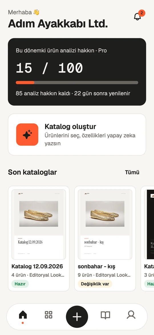 Ana ekran: dönemlik analiz hakkı, Katalog oluştur kartı ve son kataloglar