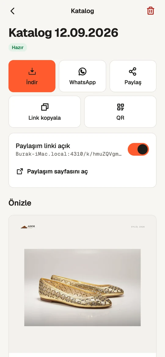 Hazır katalog: İndir, WhatsApp, Paylaş, Link kopyala ve QR butonları