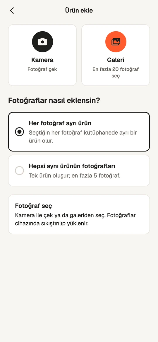 Ürün ekle ekranı: kamera ve galeri seçenekleri